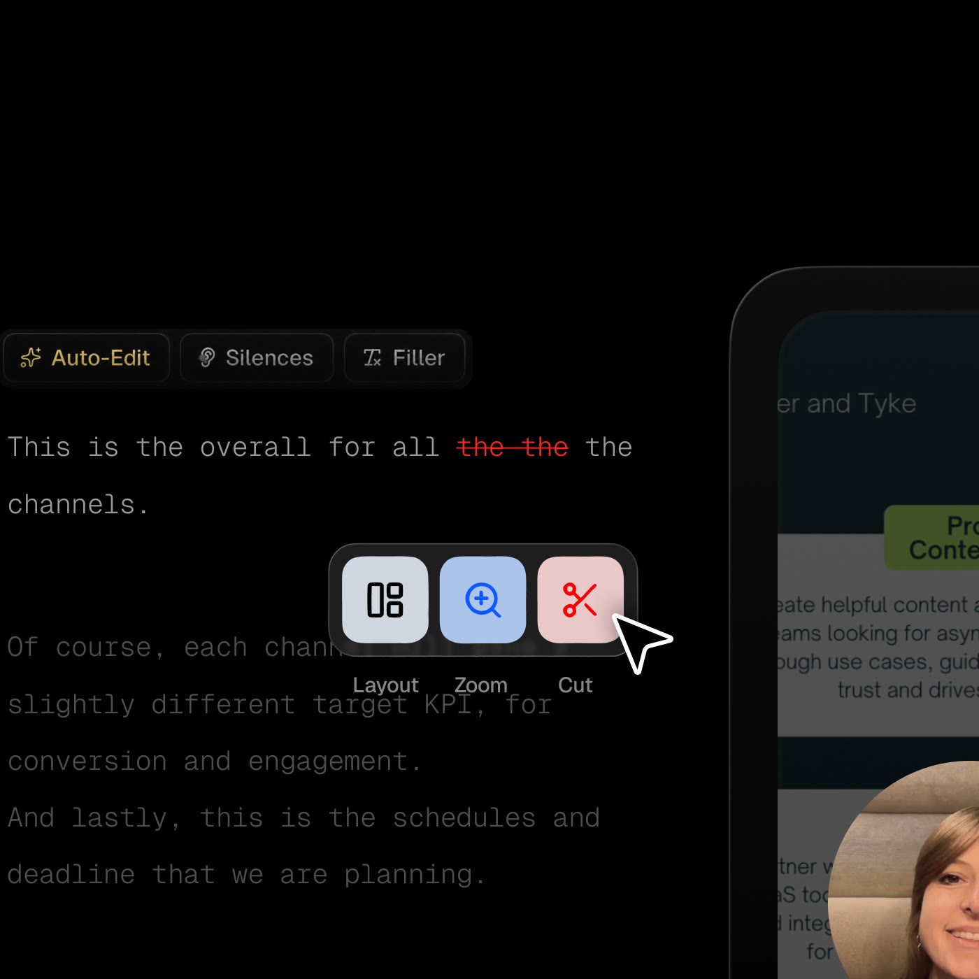 Editing a recorded presentation with layout, zoom and cut
