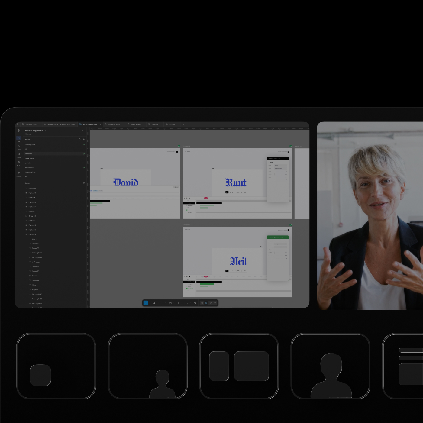 A product screen recording beside the presenter's camera, with layout options below