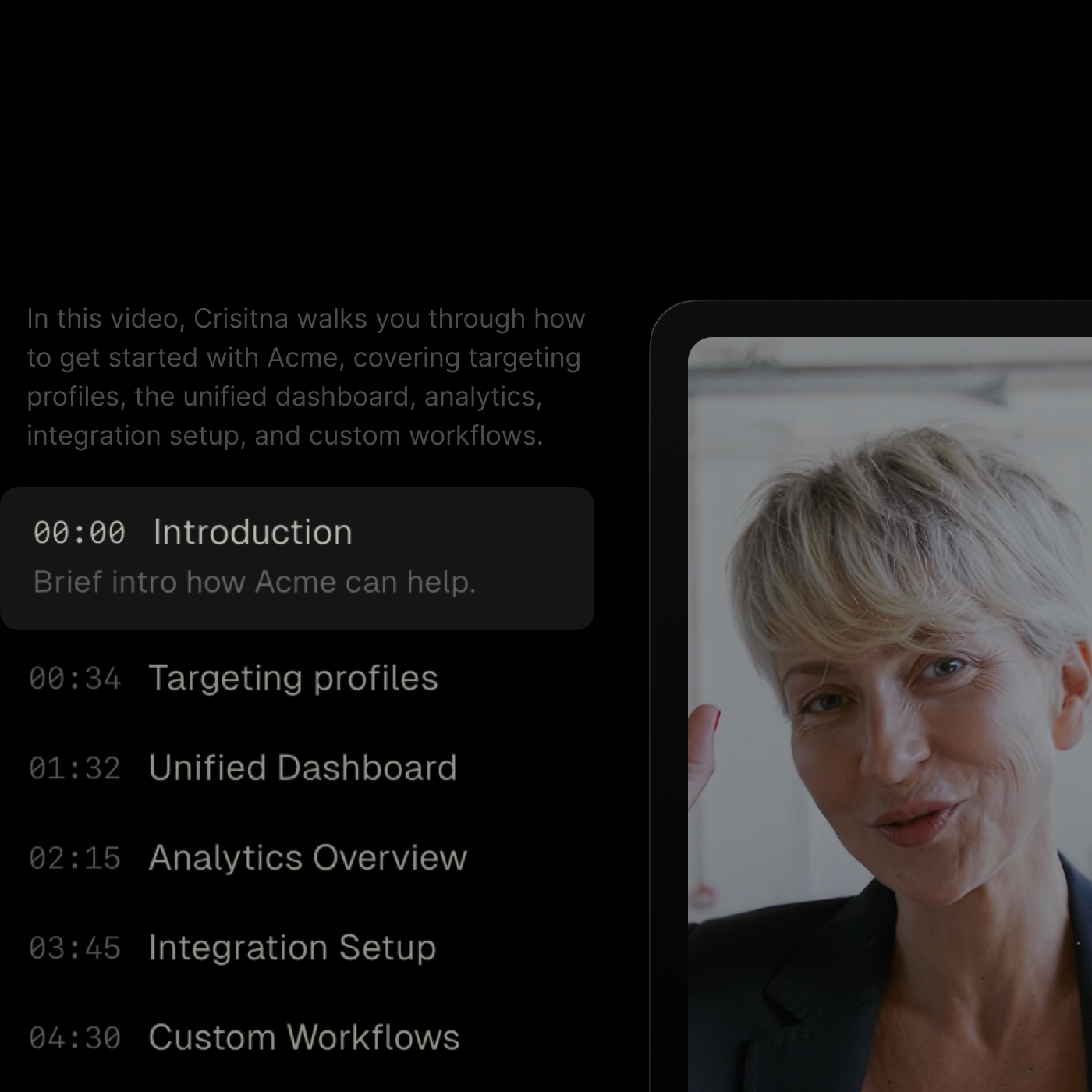 Chapters for a product walkthrough beside the recording