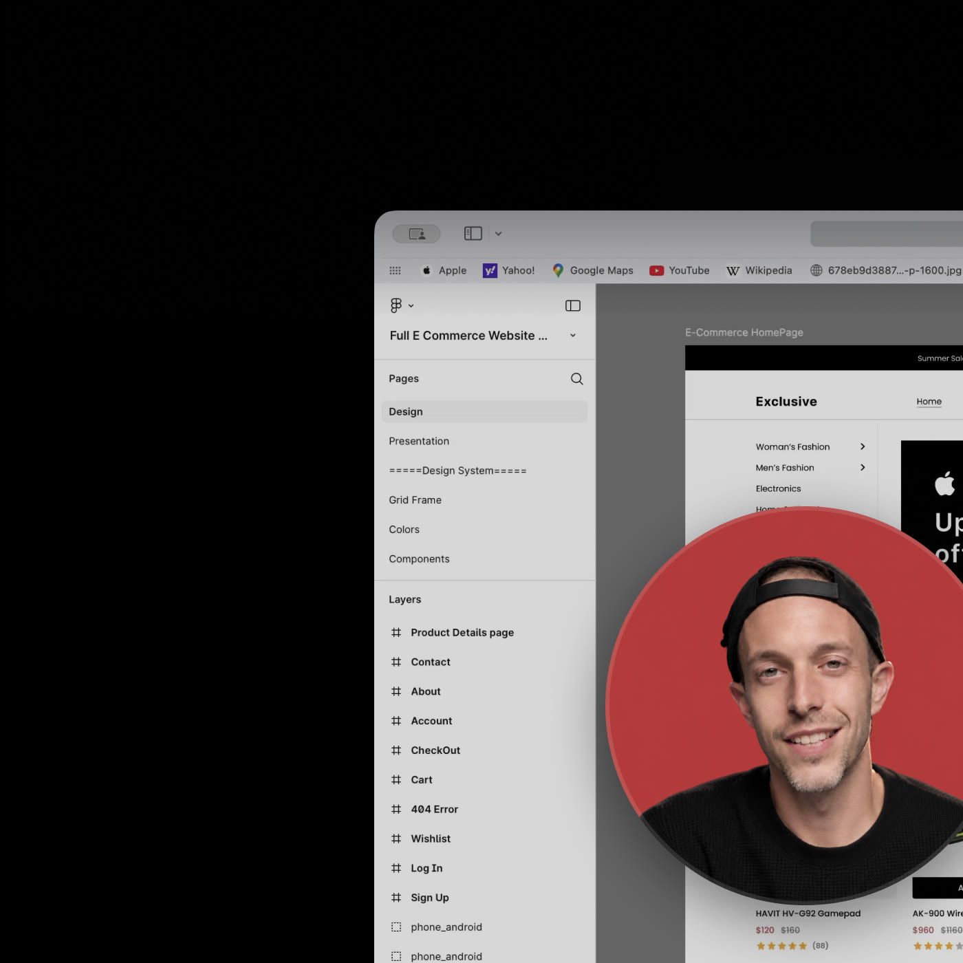 A presenter's camera bubble over a website being reviewed in Supercut
