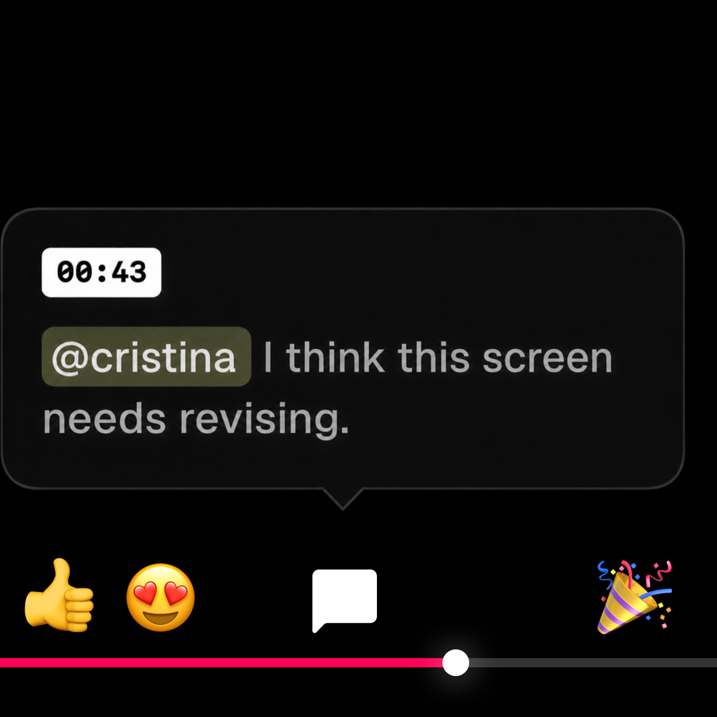A timeline comment asking for a screen to be revised, with reactions